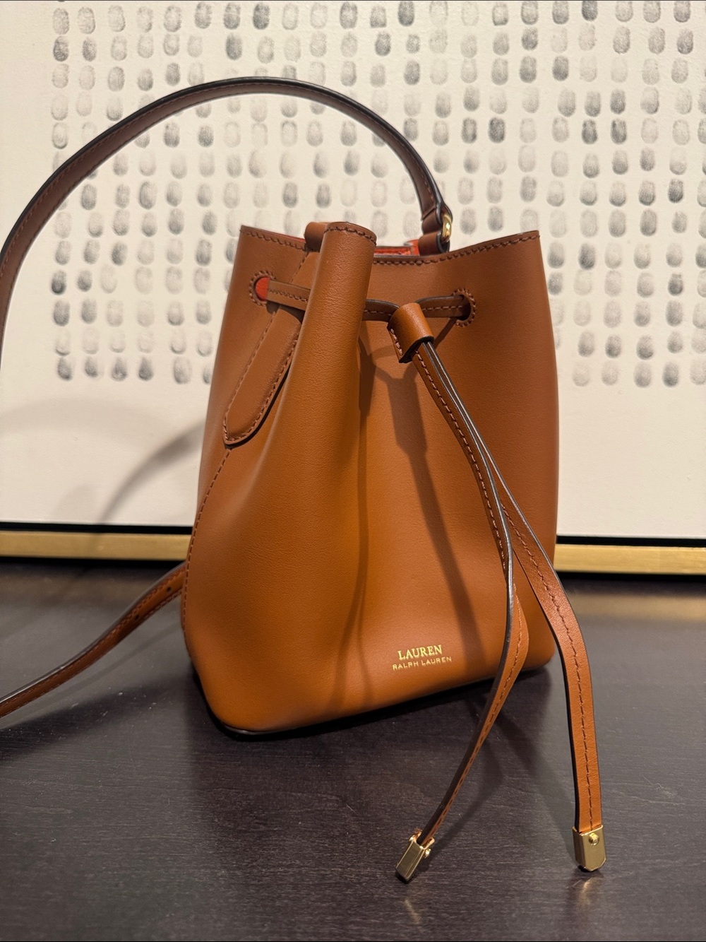 Ralph Lauren Brown Leather Drawstring Crossbody Bucket Bag